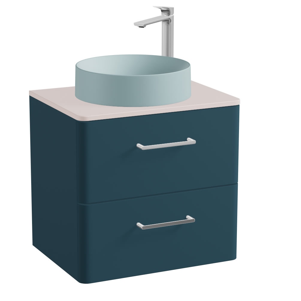 Vado Cameo 600mm Atlantic Blue Wall Hung 2 Drawer Vanity Unit, Pink Worktop & Cove Blue Basin