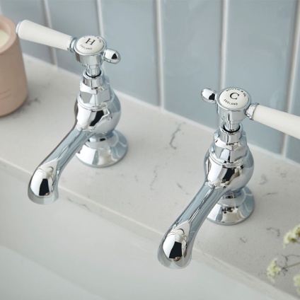 Booth & Co. Axbridge Lever Chrome Basin Pillar Taps - Lifestyle Image