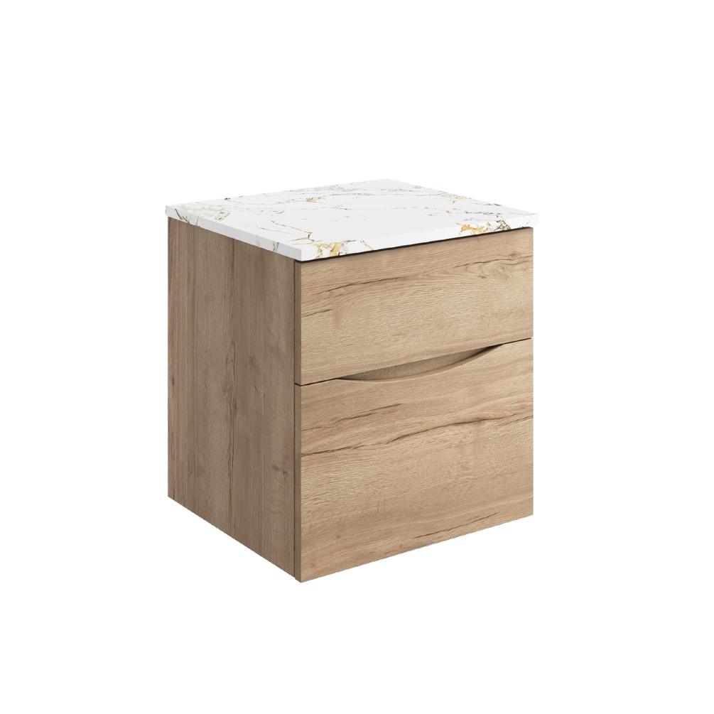 Product Cut out image of the Crosswater Glide II Windsor Oak 500mm Double Drawer Unit with Gold Vein Worktop