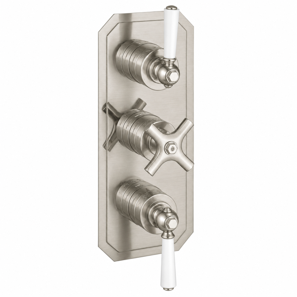 Cut out image of the Crosswater Waldorf Brushed Nickel 2 Outlet 3 Handle White Lever Thermostatic Shower Valve