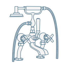 iconography image of a traditional bath shower mixer tap with shower handset and crosshead lever handles