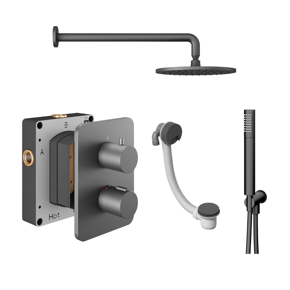 Product Cut out image of the Abacus Iso Anthracite 3 Outlet Shower Pack with Bath Filler & Handset