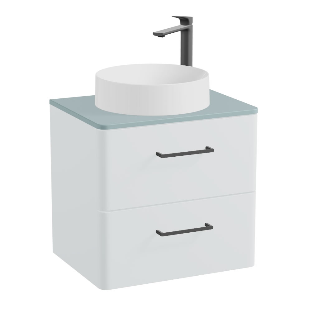 Vado Cameo 600mm Arctic White Wall Hung 2 Drawer Vanity Unit, Cove Blue Worktop & Gloss White Basin