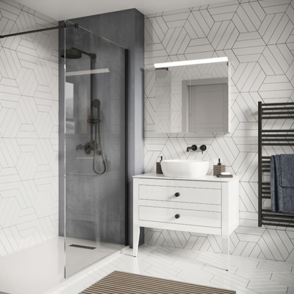 Lifestyle image of Crosswater Canvass White Gloss Floor-Standing Vanity Unit with Marble Worktop