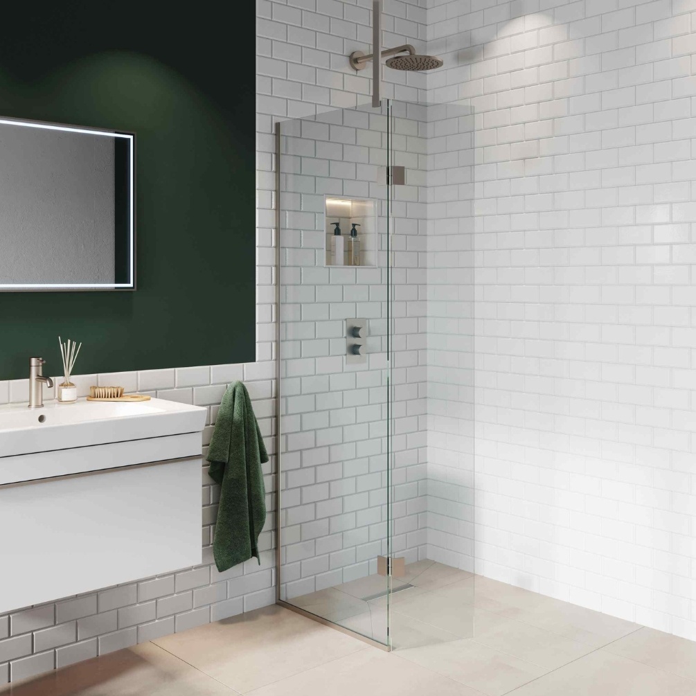 Lifestyle image of the Abacus Brushed Nickel 700mm Wetroom Screen with Wall Support Bar & Deflector Panel