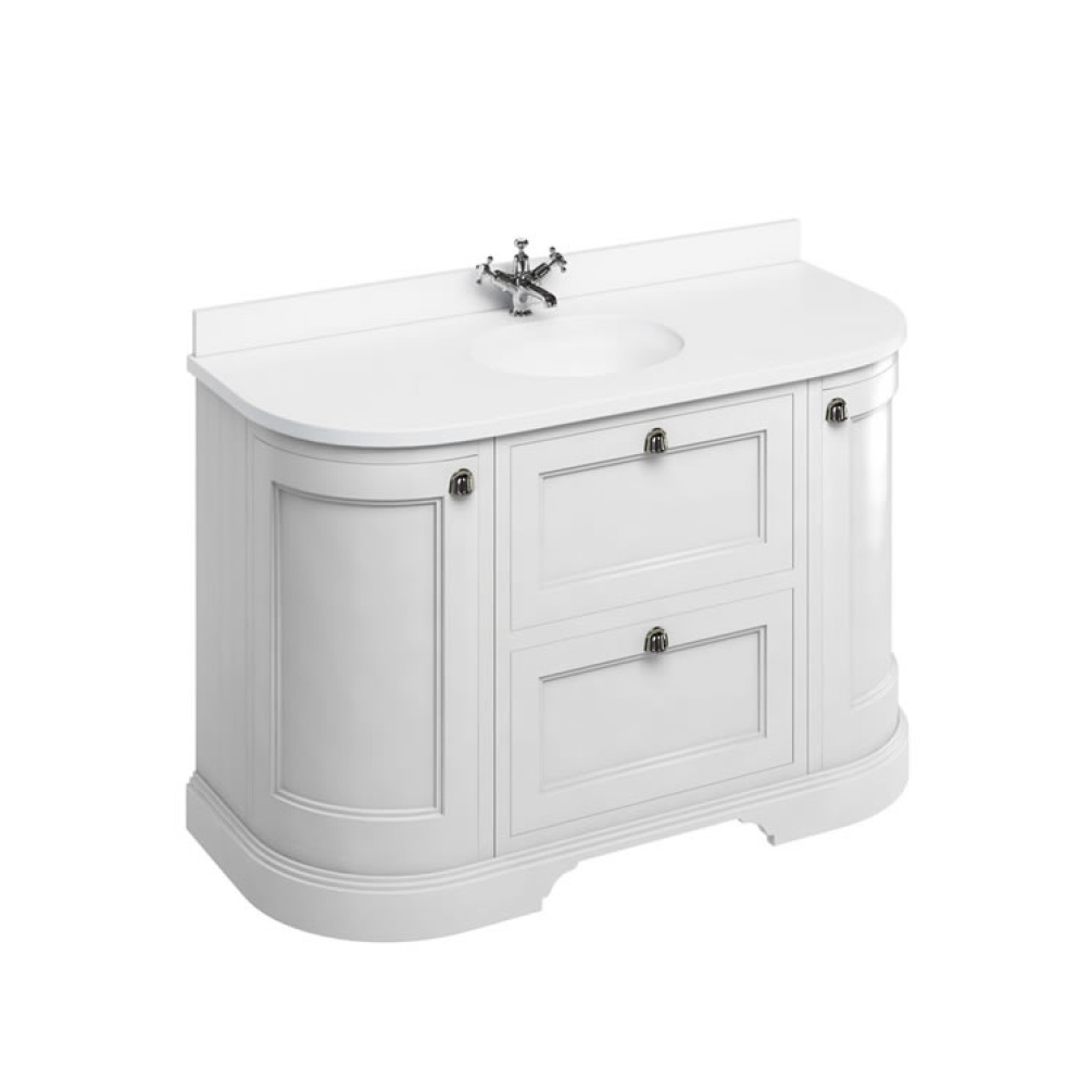 Product Cut out image of the Burlington Minerva 1340mm Curved Worktop & Matt White Freestanding Vanity Unit with Drawers with white worktop