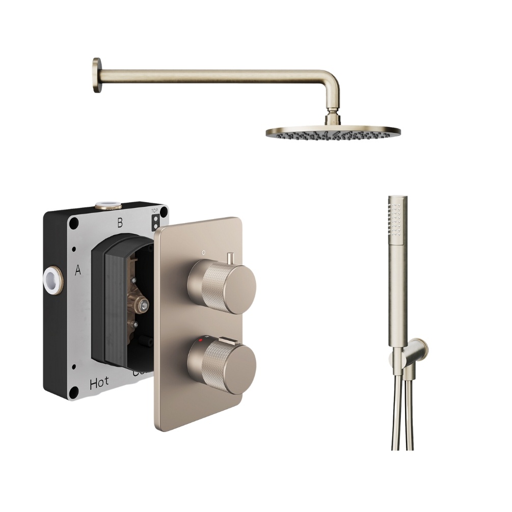 Product Cut out image of the Abacus Iso Pro Brushed Nickel 2 Outlet Shower Pack with Fixed Head & Handset