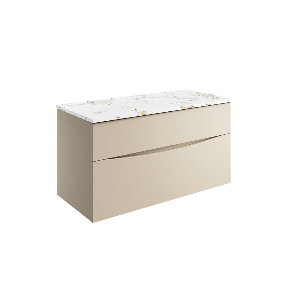 Product Cut out image of the Crosswater Glide II Warm Stone 1000mm Double Drawer Unit with Gold Vein Worktop