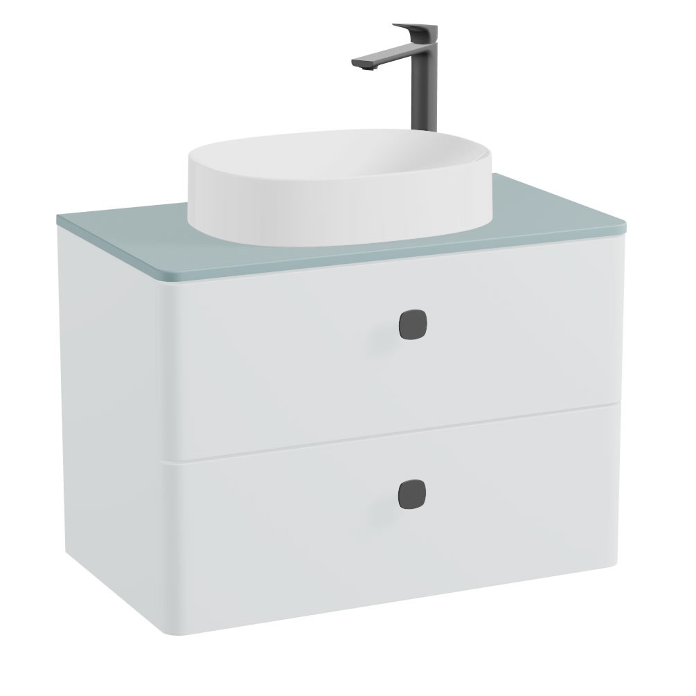 Vado Cameo 600mm Arctic White Wall Hung 2 Drawer Vanity Unit, Cove Blue Worktop & Gloss Basin