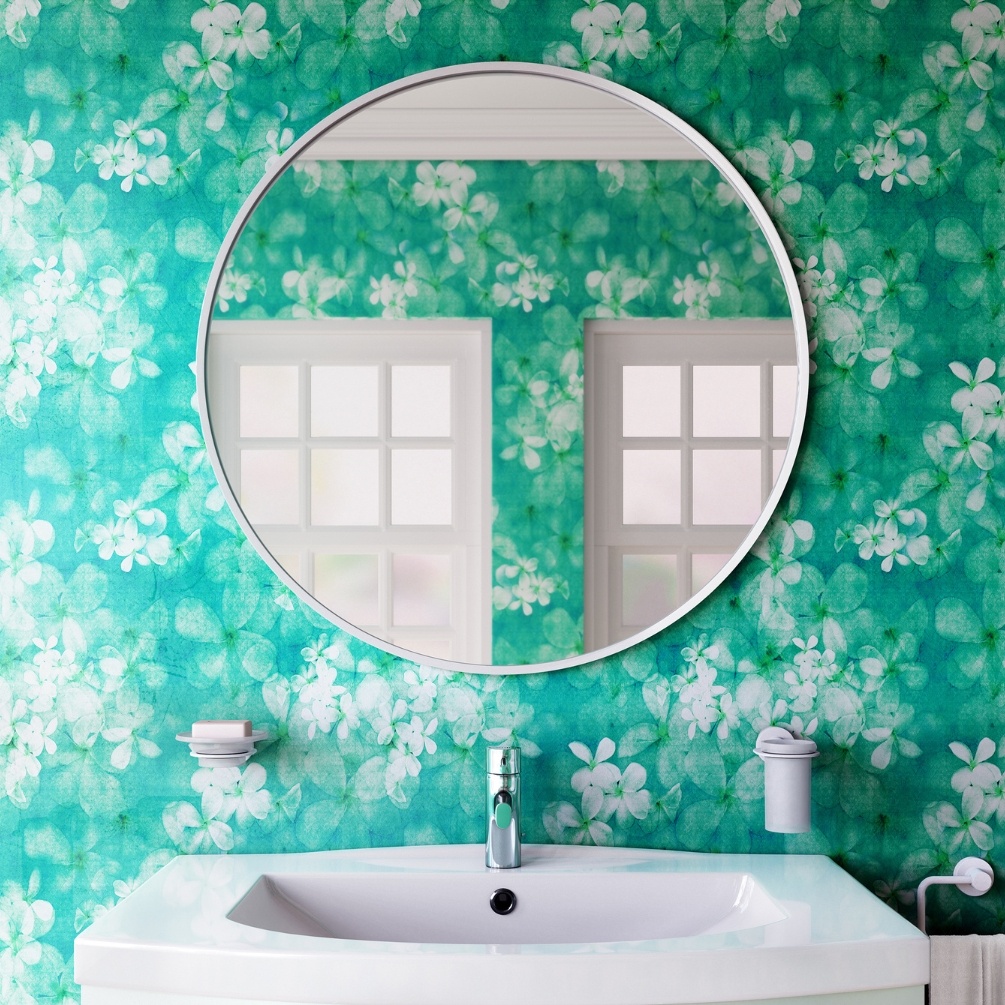 Lifestyle Image of the Origins Living Docklands 800mm x 800m White Round Mirror mounted on a green bathroom wall in front of a traditional style basin B375684