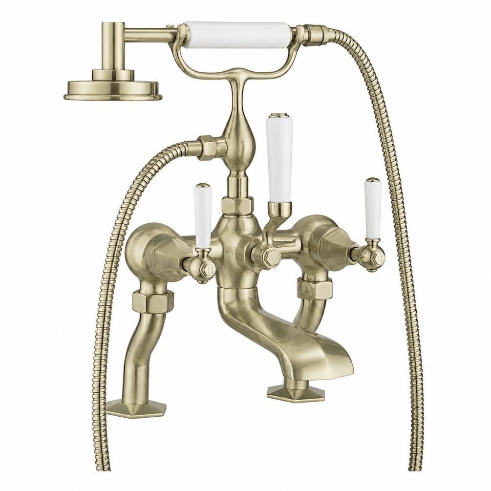 Cut out image of the Crosswater Waldorf Brushed Brass Deck Mounted White Lever Bath Shower Mixer