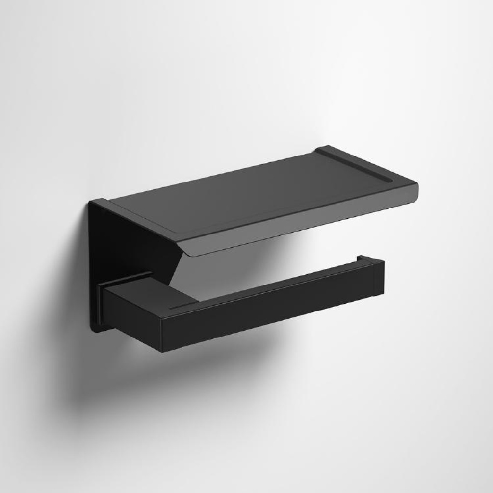 Close up product image of the Origins Living S Cube Matt Black Toilet Roll Holder with Shelf