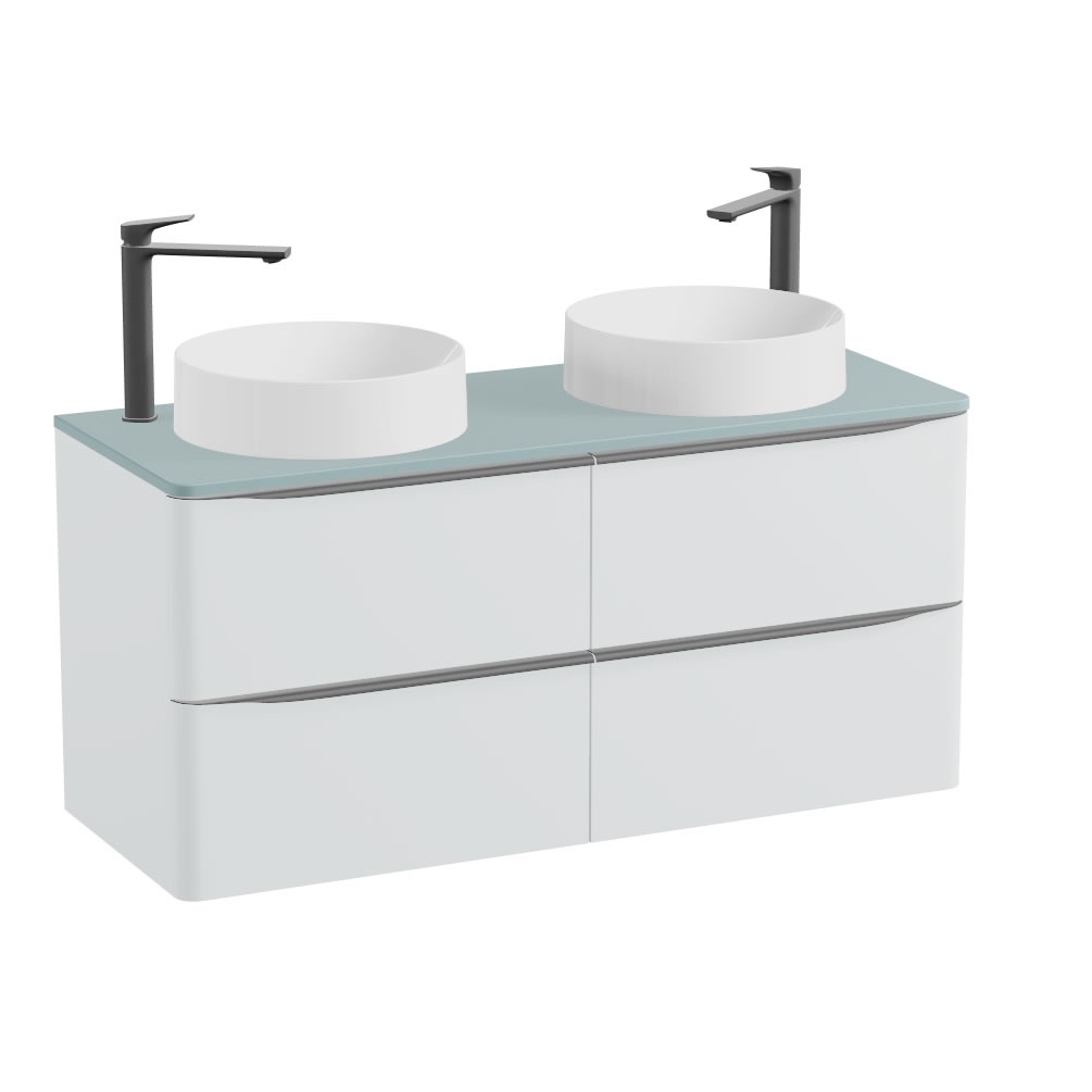 Vado Cameo 1200mm Arctic White Wall Hung 4 Drawer Vanity Unit, Cove Blue Worktop & Gloss Basins