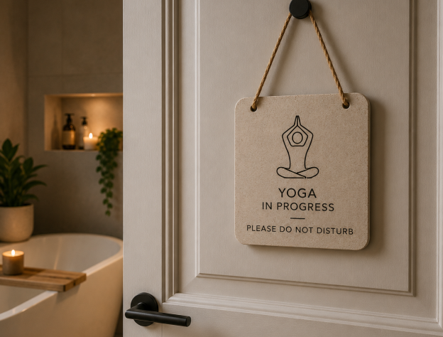 A bathroom door with a do not disturb sign for practising yoga