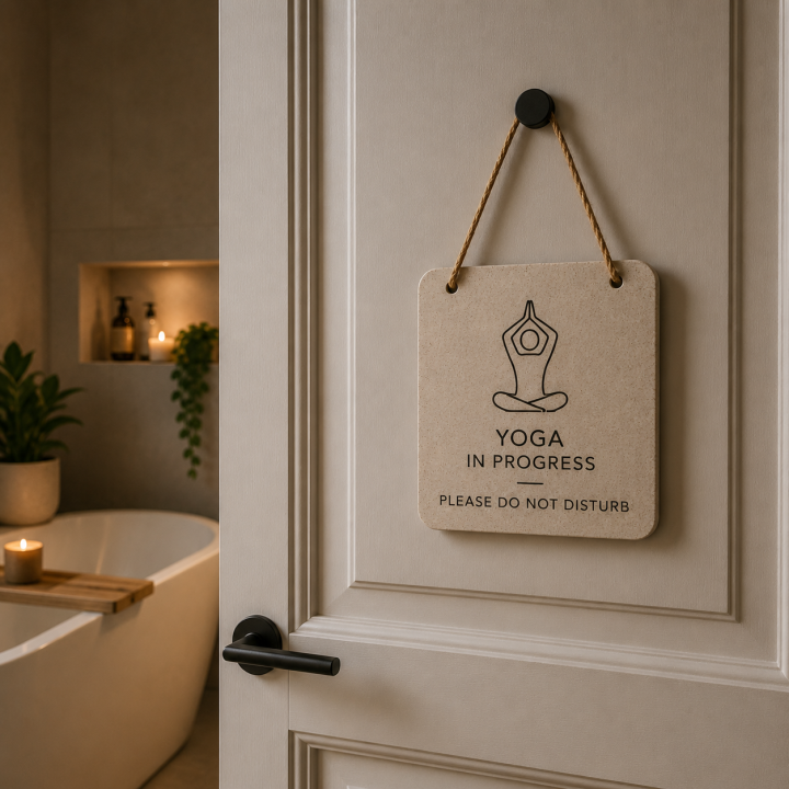 A bathroom door with a do not disturb sign for practising yoga