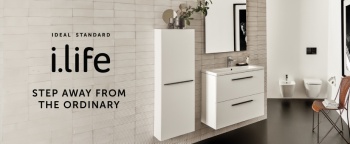 image of ideal standard white i.life furniture in tiled bathroom overlaid with i.life logo and strapline saying step away from the ordinary