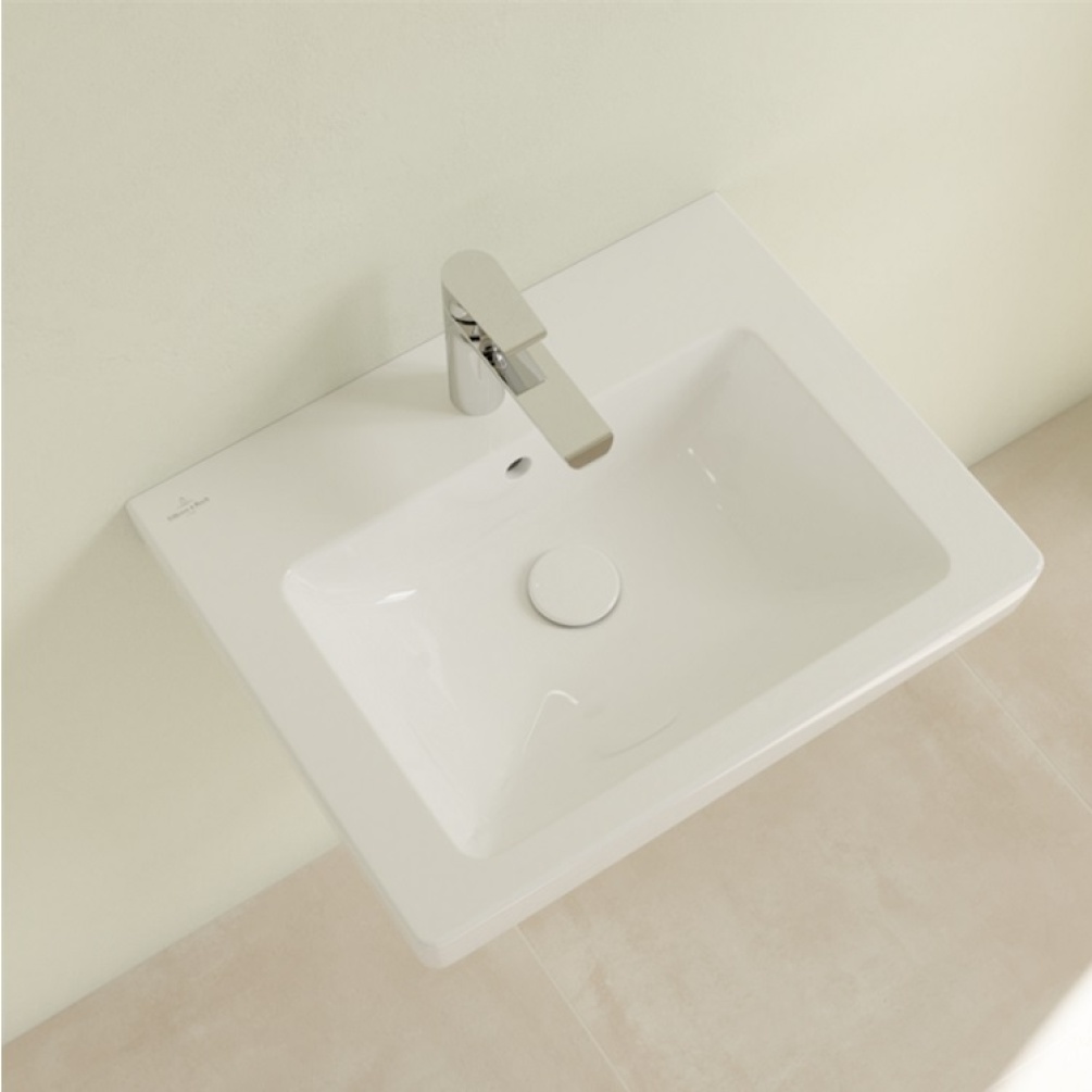 Product lifestyle photo aerial above left of Villeroy and Boch 600mm Subway 2.0 Wall Mounted Basin 71136001