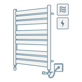 iconography image of a dual fuel towel radiator with icons of wavy lines for heated and thunderbolt for electric for dual fuel towel radiators category
