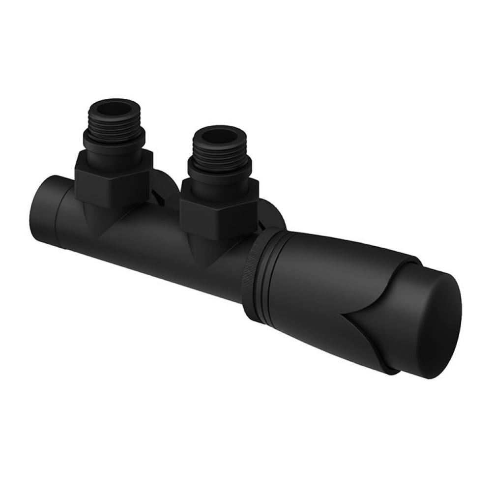 Product Cut out image of the Abacus Ultima Euro50 Matt Black Angled Thermostatic Radiator Valve