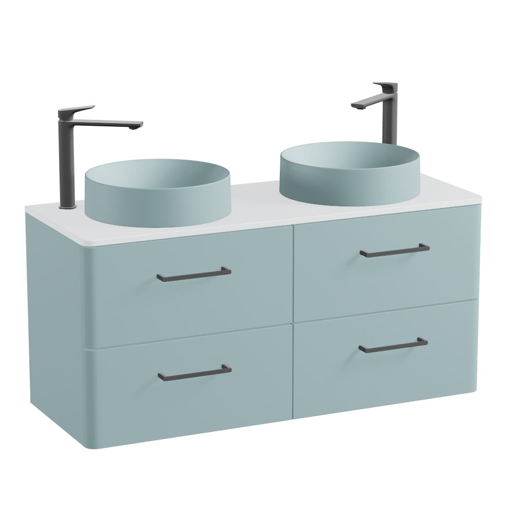 Vado Cameo 1200mm Cove Blue Wall Hung 4 Drawer Vanity Unit, Arctic Worktop & Cove Blue Basin