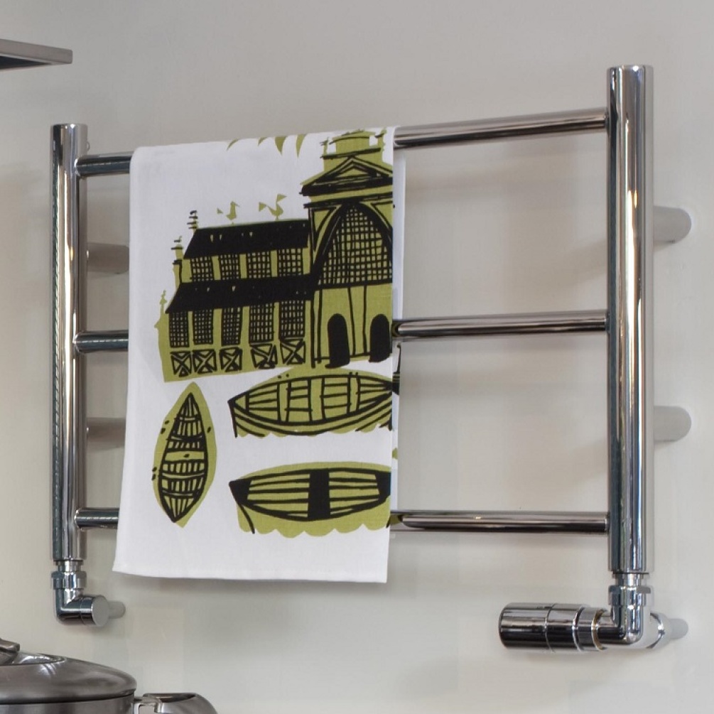 Product Lifestyle Image Close up of The Sussex Range by JIS Cinder Heated Towel Ladder Rail In Polished CINDER-P
