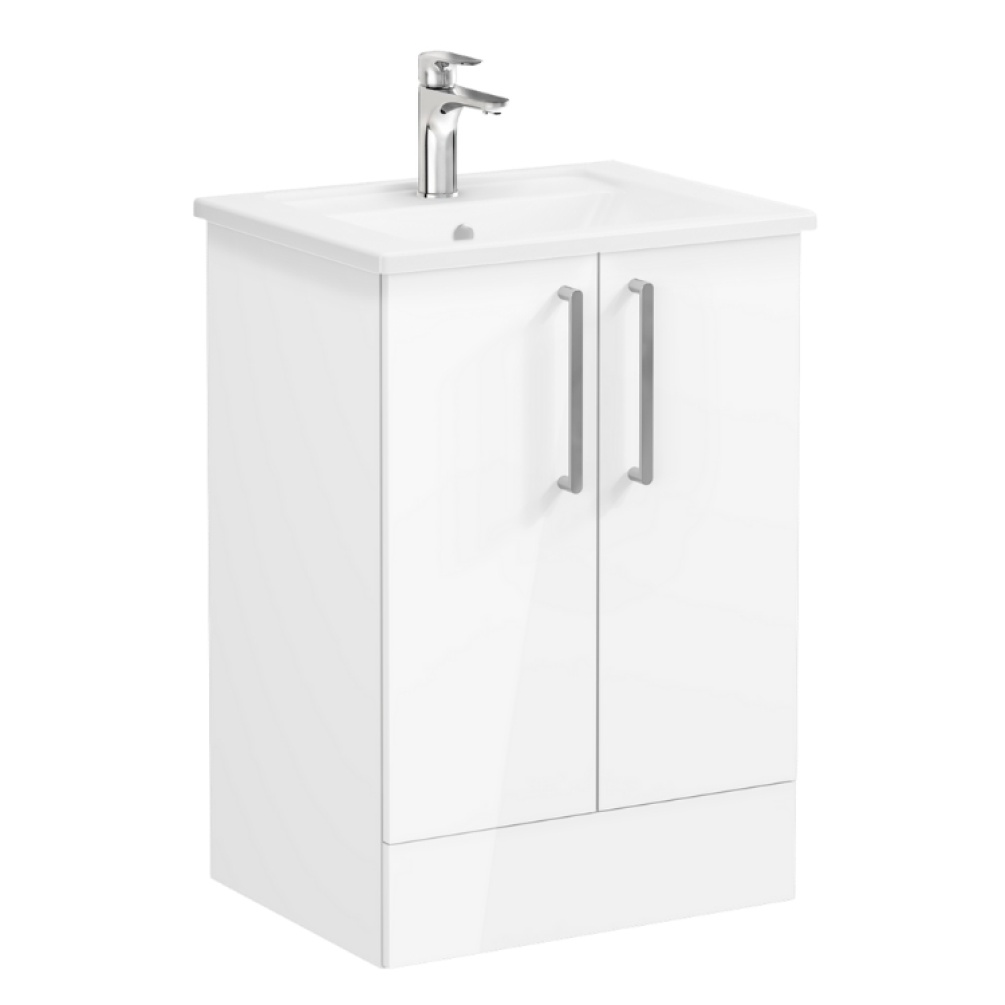 Product Cut out image of VitrA Root Flat White 600mm Floor Standing Washbasin Unit 67902 with chrome handles