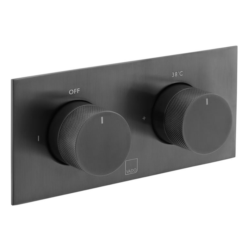 Cutout image of Vado Individual Knurled Accents Brushed Black Dual Outlet Shower Valve Horizontal