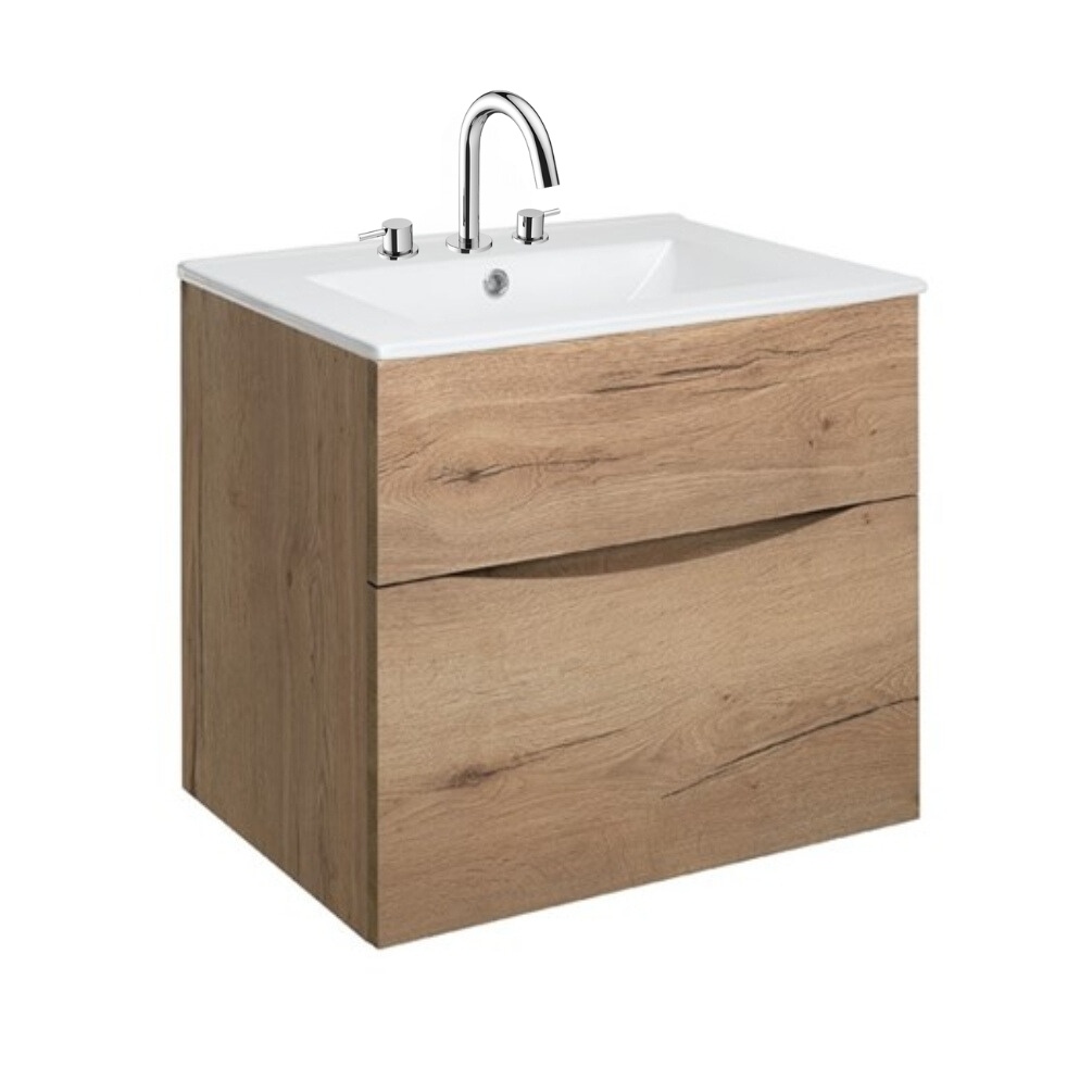 Product Cut out image of the Crosswater Glide II Windsor Oak 600mm Double Drawer Unit with Ceramic 3 Tap Hole Basin