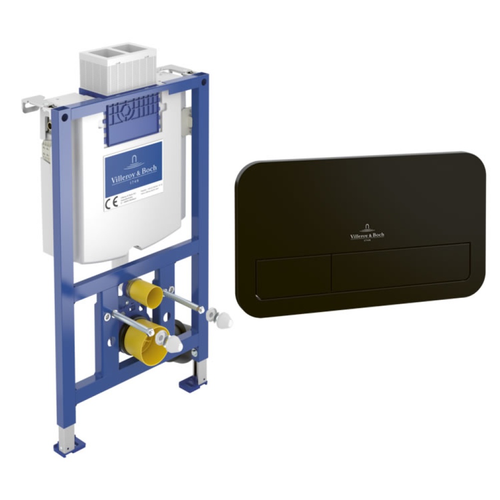 Cutout image of Villeroy & Boch 985mm ViConnect Cistern Frame & Matt Black ViConnect Dual Flush Plate