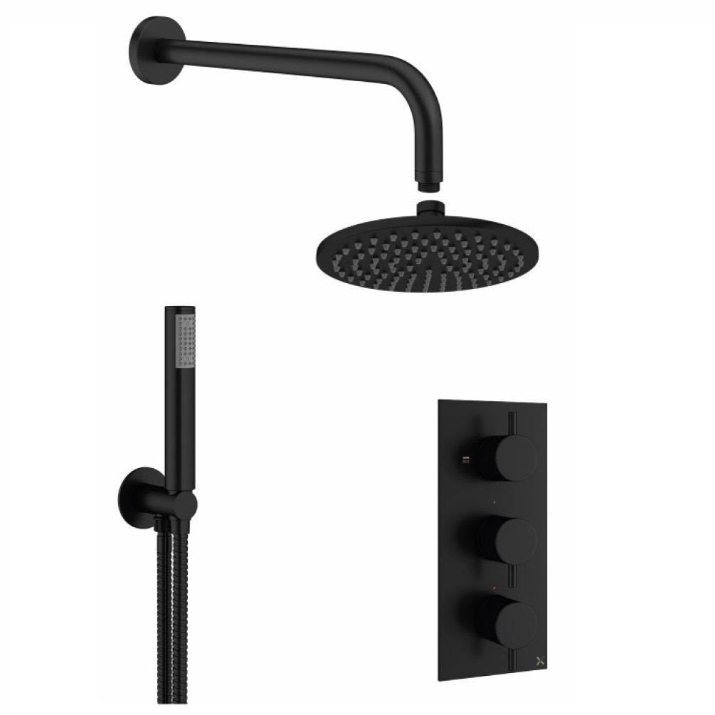 Product cutout image of Crosswater MPRO 2 Outlet 3 Control Shower Bundle in Matt Black with head, arm, handset and valve
