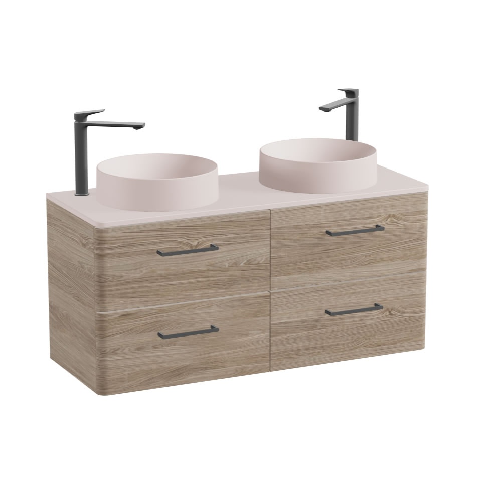Vado Cameo 1200mm Natural Oak Wall Hung 4 Drawer Vanity Unit, Pink Clay Worktop & Pink Round Basins