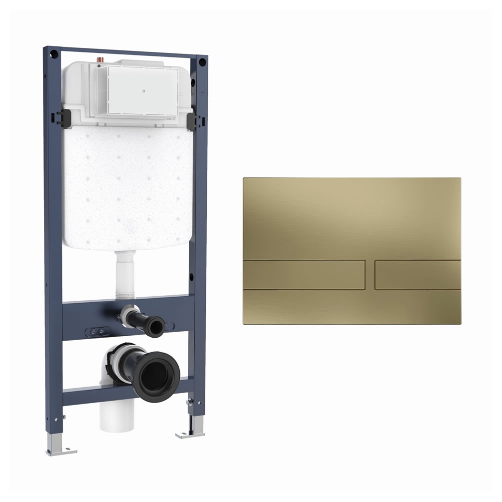 Cutout image of Crosswater 1120mm Slim Wall-Hung Cistern Frame & Venue Brushed Brass Dual Flush Plate