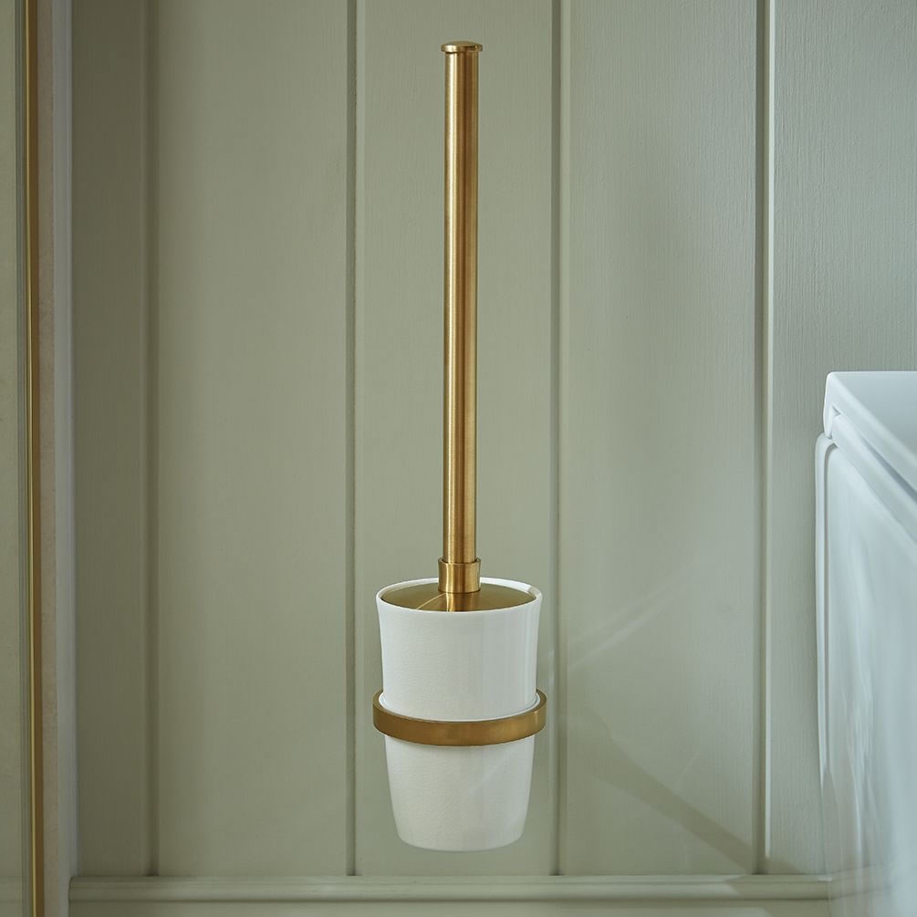Booth & Co. Axbridge Brushed Brass/White Toilet Brush & Ceramic Holder - Lifestyle Image 1
