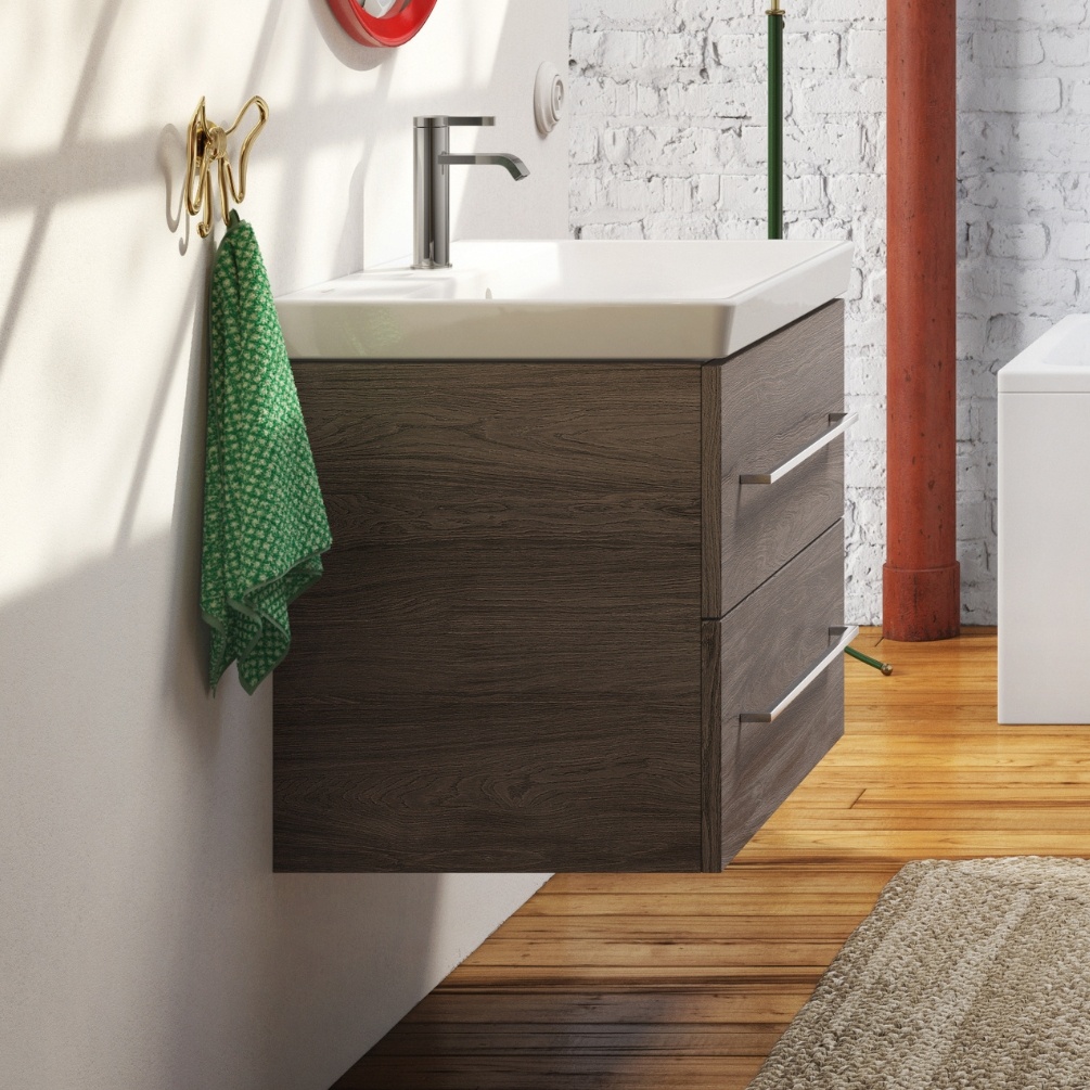 product lifestyle image villeroy & boch 650mm stone oak wall hung vanity unit and basin - side angle A89000RK