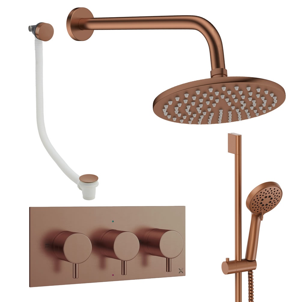 Cutout image of Crosswater Design Brushed Bronze Three Outlet Slide Rail Shower Bath Set