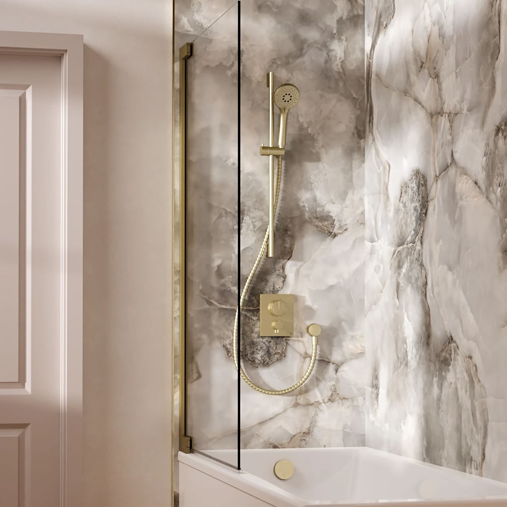 Lifestyle image of Crosswater Crossbox Push Brushed Brass Dual Outlet Slide Rail Shower Bath Set