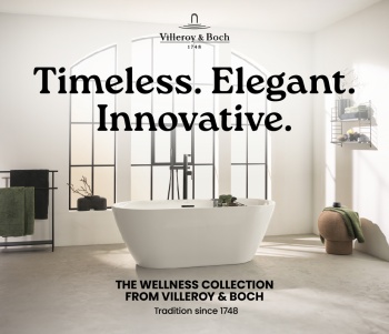 image showing Villeroy and Boch bath with logo and text "timeless, elegant innovative", "the wellness collection from Villeroy and Boch" and "tradition since 1748" overlaid.
