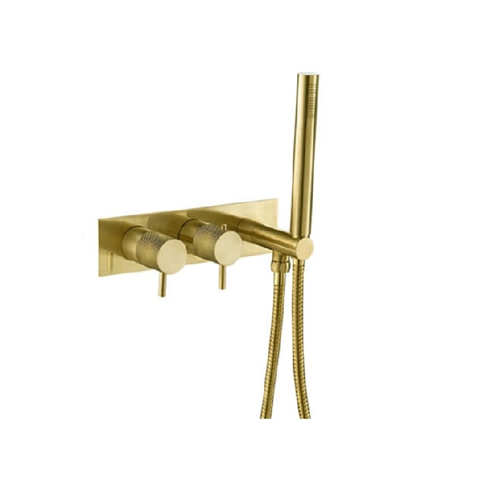 Product cut out image close up of handles of Just Taps Plus Vos 2 Outlet Thermostatic Shower Valve & Handset with Designer Handles DH235868BBR
