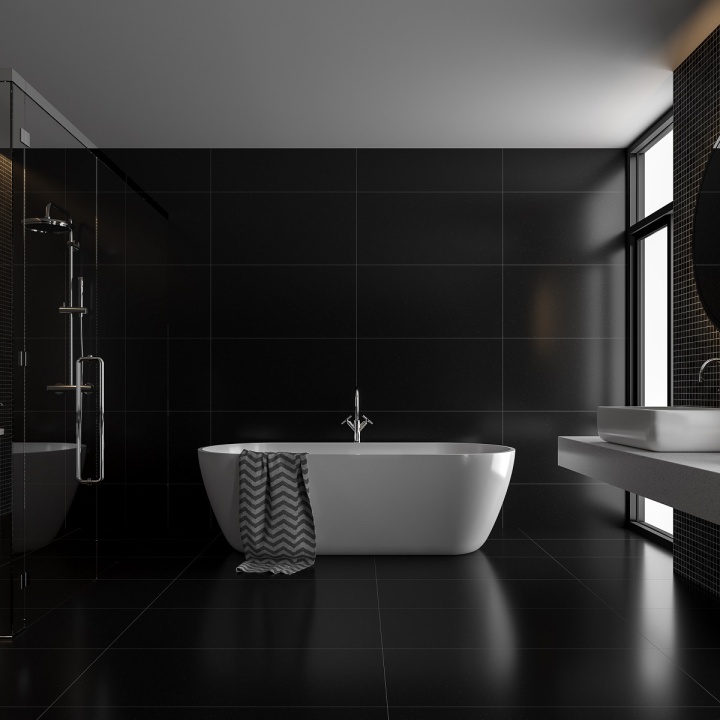 Lifestyle image of a black tiled bathroom