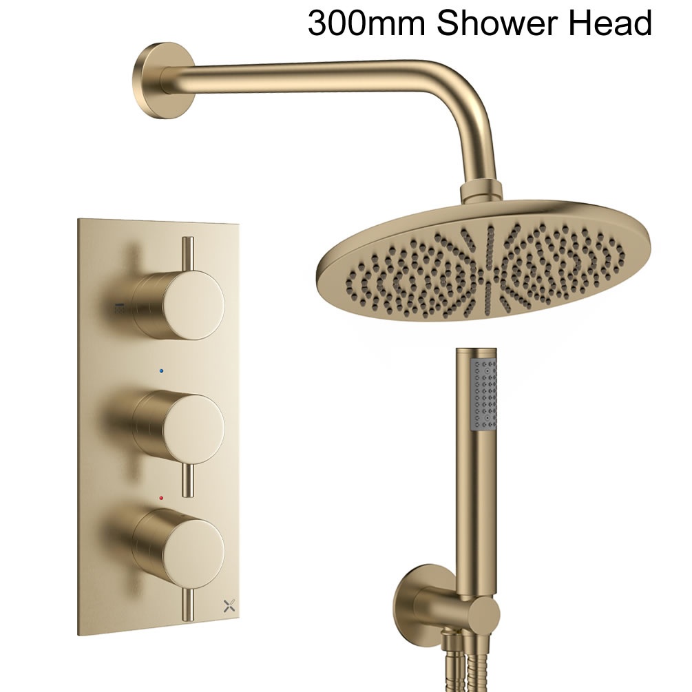 Cutout image of Crosswater Design Brushed Brass Dual Outlet Three Handle Rainfall Shower Set 300mm head