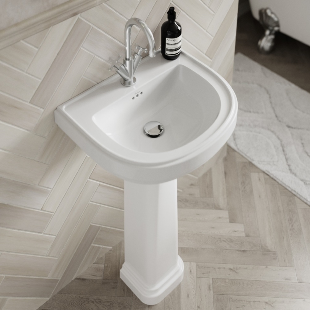 Product Lifestyle image of the Burlington Riviera D Shaped Basin & Pedestal with one tap hole