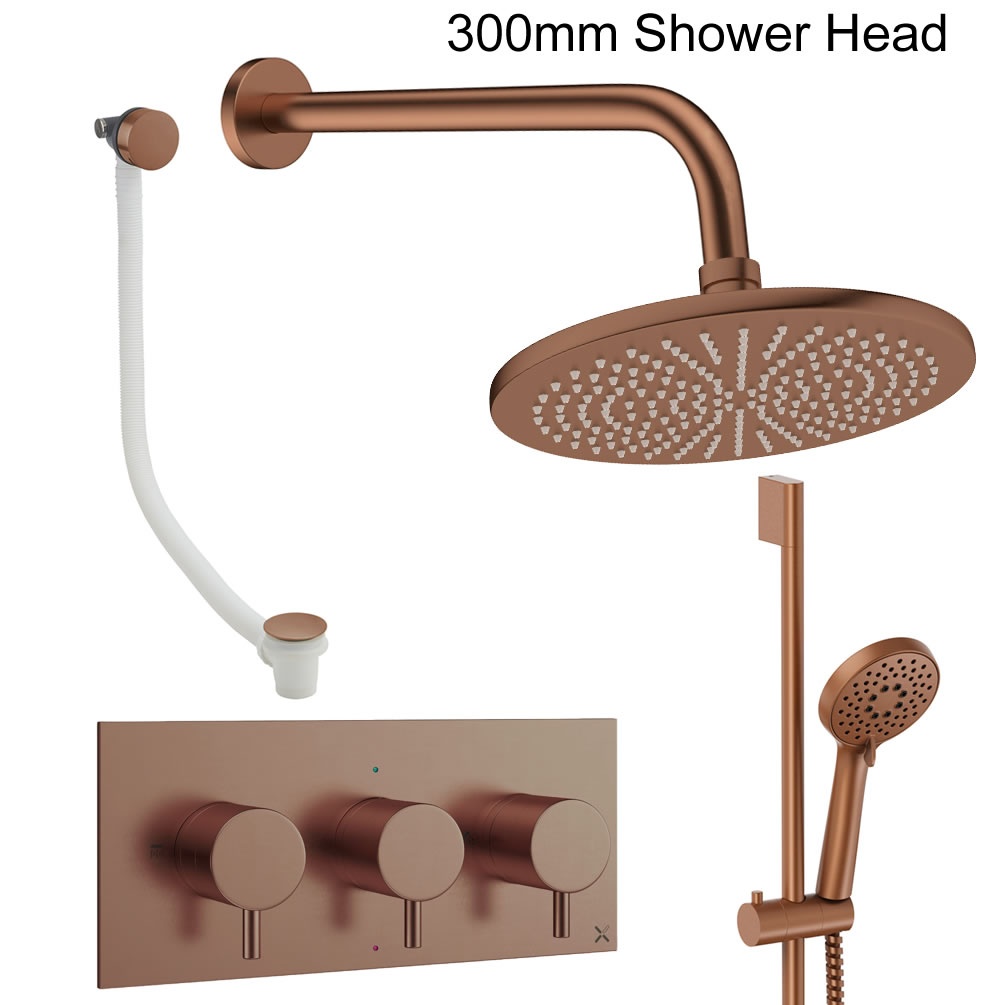 Cutout image of Crosswater Design Brushed Bronze Three Outlet Slide Rail Shower Bath Set 300mm head