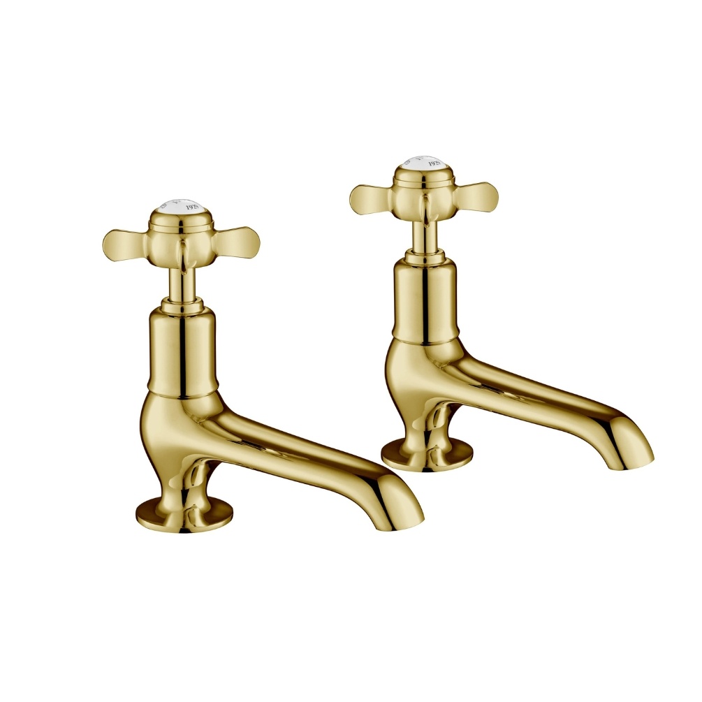 JTP Grosvenor Pinch Polished Gold Long Nose Basin Taps Cut Out