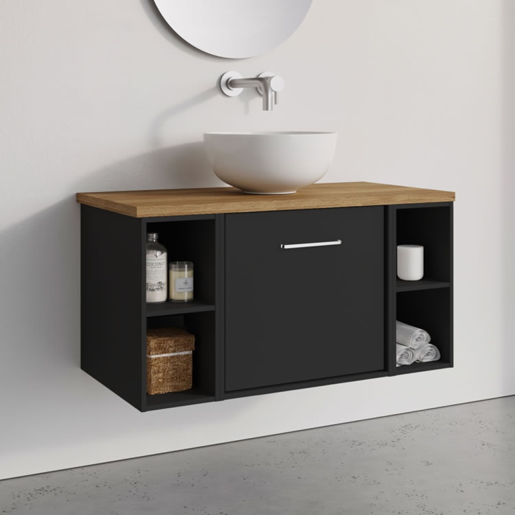 Lifestyle image of Crosswater Infinity 900mm Matt Black Wall-Hung Vanity Unit & Worktop
