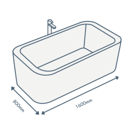 iconography image of a bathtub with 1600mm length text and 800mm width text illustrating this sized bath