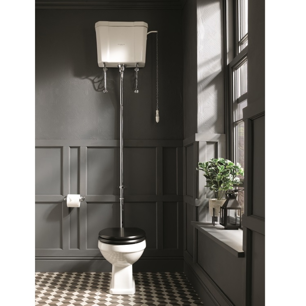 Lifestyle product photo image of Bayswater Fitzroy High Level Toilet Comfort Height front angle in dark bathroom with panelled walls BAYC020 BAYC019 BAYA015