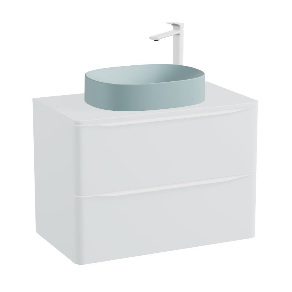Vado Cameo 600mm Arctic White Wall Hung 2 Drawer Vanity Unit, Worktop & Cove Blue Basin