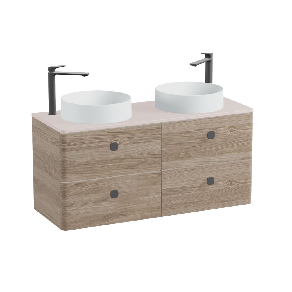 Vado Cameo 1200mm Natural Oak Wall Hung 4 Drawer Vanity Unit, Pink Clay Worktop & Arctic Round Basins