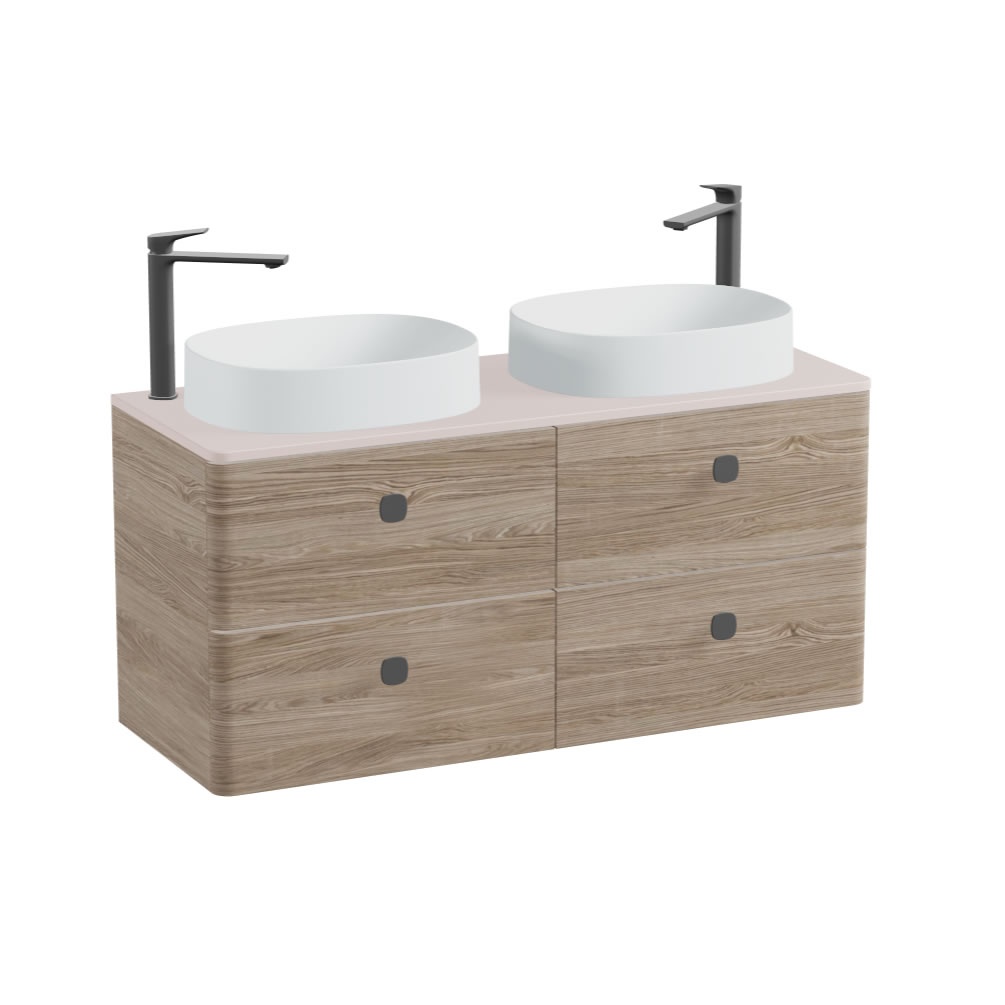 Vado Cameo 1200mm Natural Oak Wall Hung 4 Drawer Vanity Unit, Pink Worktop & Arctic Oval Basins