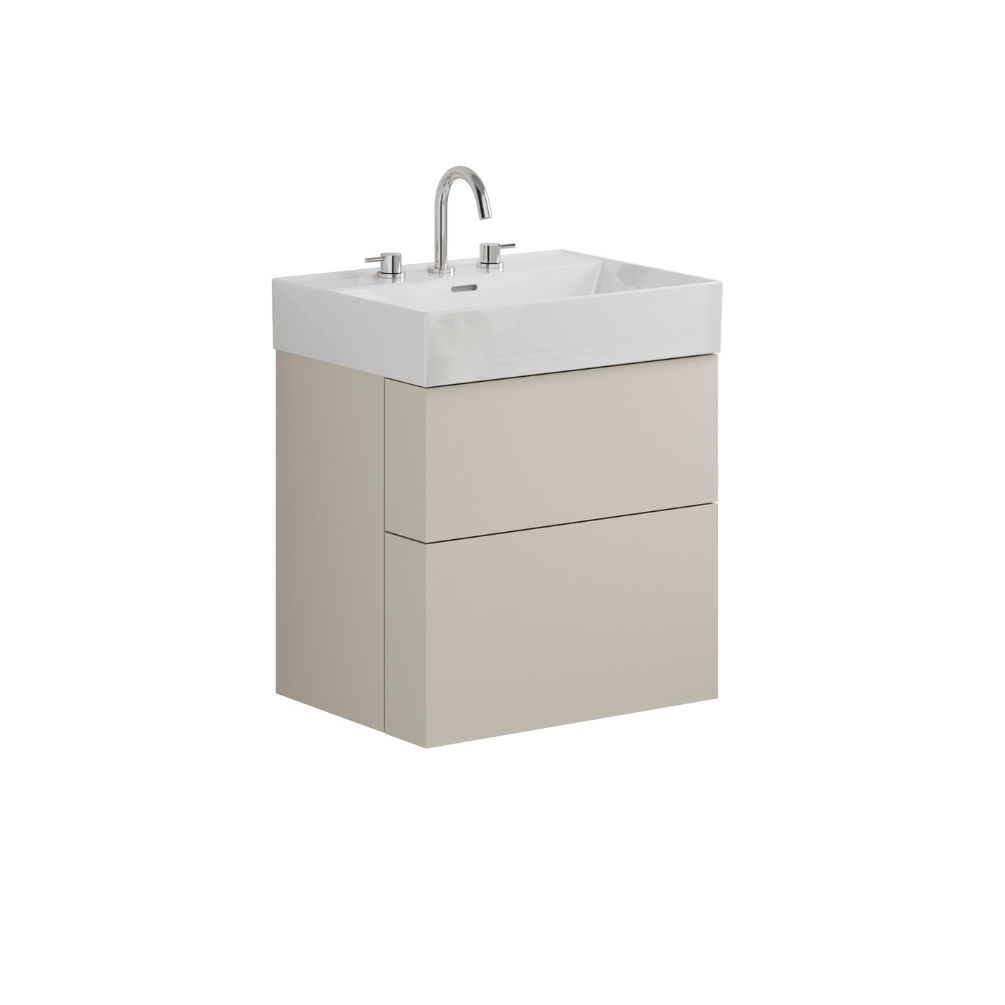 Product Cut out image of the Crosswater Avenue Warm Stone 600mm Double Drawer Unit with a three tap hole basin